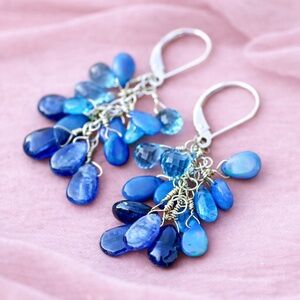 New Handmade Natural Kyanite | Black Opal Earrings Solid 14K White Gold 585